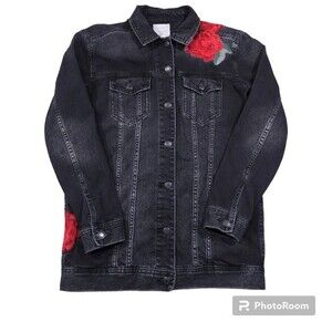 American Eagle Denim Jacket Oversized Embroidered Floral Rose Black Red Size XS
